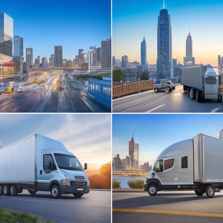 An illustration of a fleet vehicle, such as a delivery van or truck, with various panels and compartments opened, revealing organized tools, equipment, and technology, set against a blurred cityscape background.