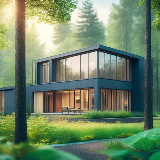 An illustration of a sleek, modern passive house with a subtle mist of condensation on its windows, surrounded by lush greenery, with a faint hint of stale air escaping through a small, inadequate vent.