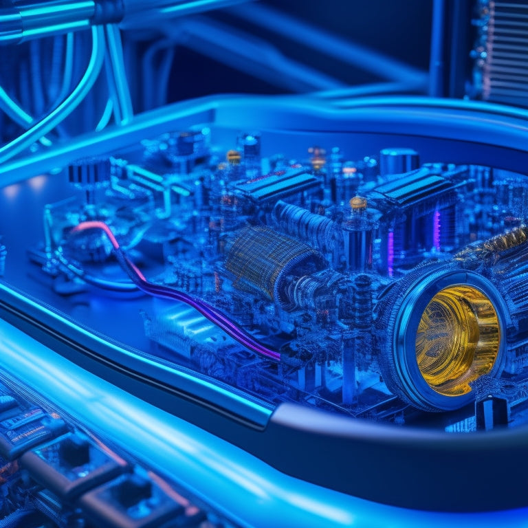 A futuristic, high-contrast illustration of an electric racecar's inner workings, showcasing glowing blue circuits, copper wires, and sleek silver components amidst a dark, metallic background.