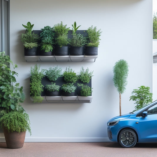 A vertical garden mounted on a white wall, with 5-7 small pots containing various herbs (basil, mint, rosemary, thyme) in a staggered arrangement, surrounded by a sleek electric vehicle in the background.