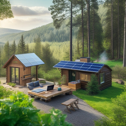 A serene off-grid cabin surrounded by lush greenery, with solar panels on the roof, a wind turbine in the distance, and a laptop open on a wooden table, displaying a dashboard with graphs and charts.
