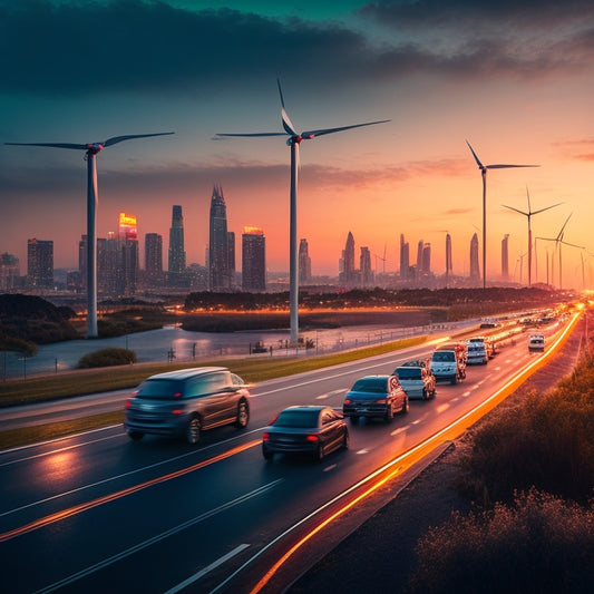 A futuristic cityscape at dusk, with sleek electric vehicles zooming by, their headlights illuminating a road lined with charging stations, wind turbines, and lush greenery.