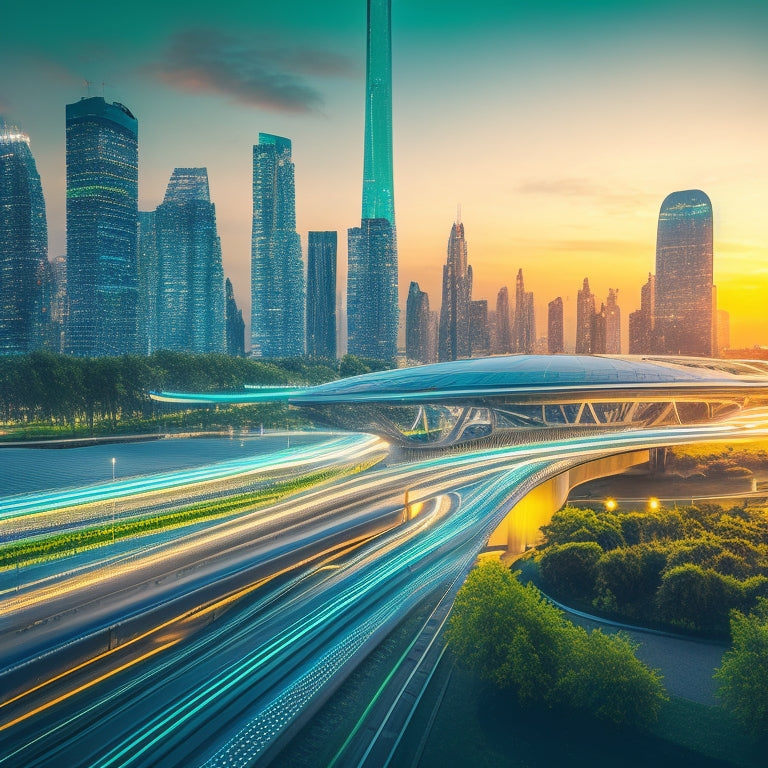 A futuristic cityscape at dusk with sleek, glowing electric vehicles zooming past neon-lit skyscrapers, amidst a network of elevated hyperloops and verdant green spaces.