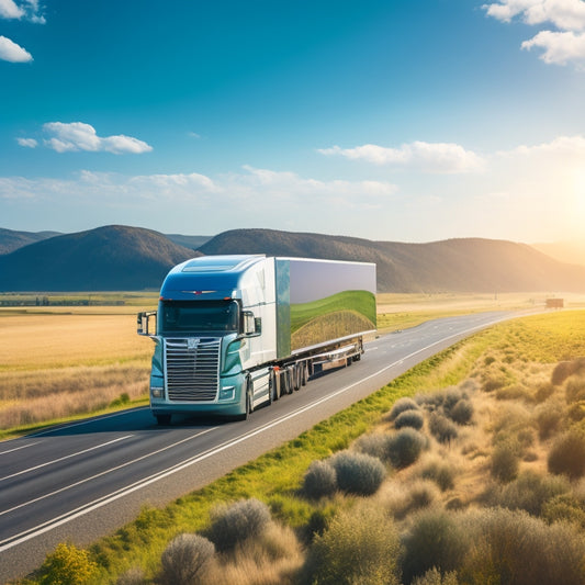A futuristic illustration of a semi-truck with solar panels on the trailer, wind turbines on the sides, and a regenerative braking system, driving on a highway surrounded by green forests and a clear blue sky.