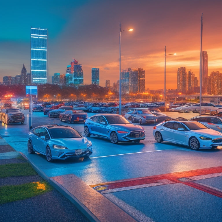 A futuristic, well-lit parking lot at dusk, with multiple sleek electric vehicles of varying colors plugged into modern, high-tech charging stations, surrounded by a cityscape in the background.