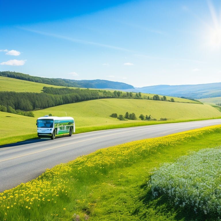 A serene landscape with a green highway winding through rolling hills, featuring a few eco-friendly vehicles, including an electric car and a hybrid bus, surrounded by blooming wildflowers and a bright blue sky.