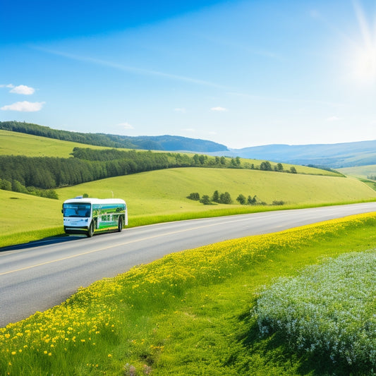 A serene landscape with a green highway winding through rolling hills, featuring a few eco-friendly vehicles, including an electric car and a hybrid bus, surrounded by blooming wildflowers and a bright blue sky.