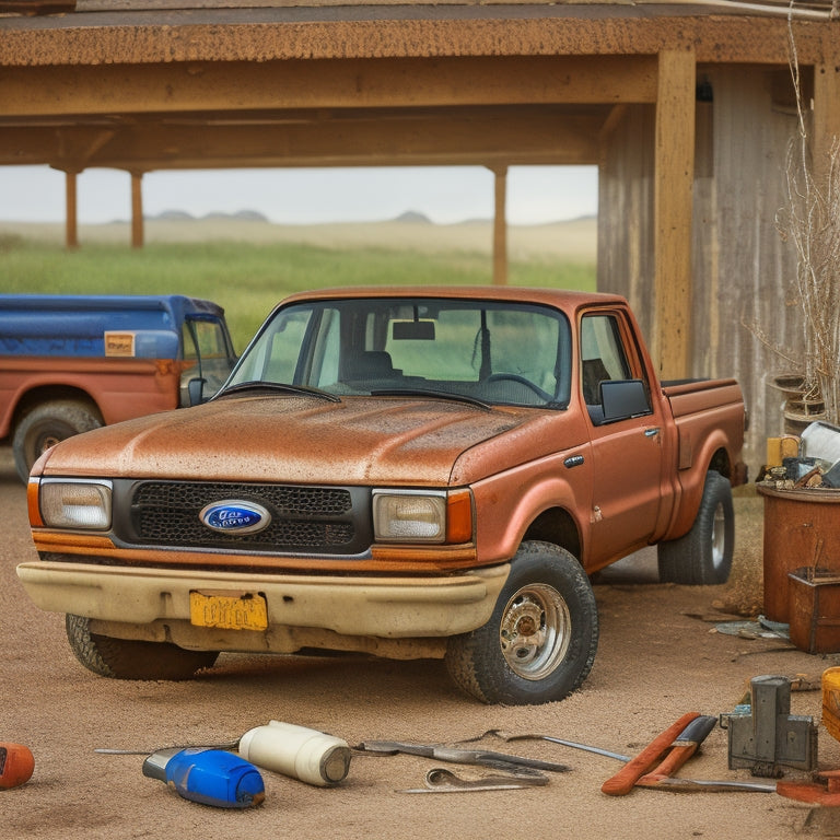 A worn, rusty 1998-2002 Ford Ranger EV with opened hood, surrounded by scattered tools and repair manuals, with a faint Ebay logo in the background.