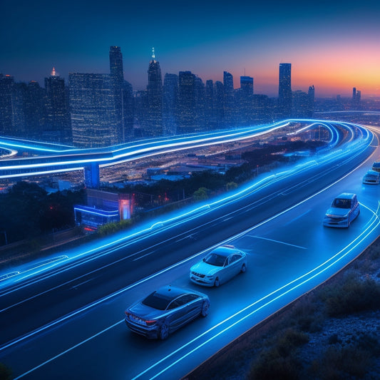 A futuristic, high-tech illustration depicting a fleet of electric vehicles connected by glowing blue lines, surrounded by orbiting digital dashboards, with a cityscape at dusk in the background.