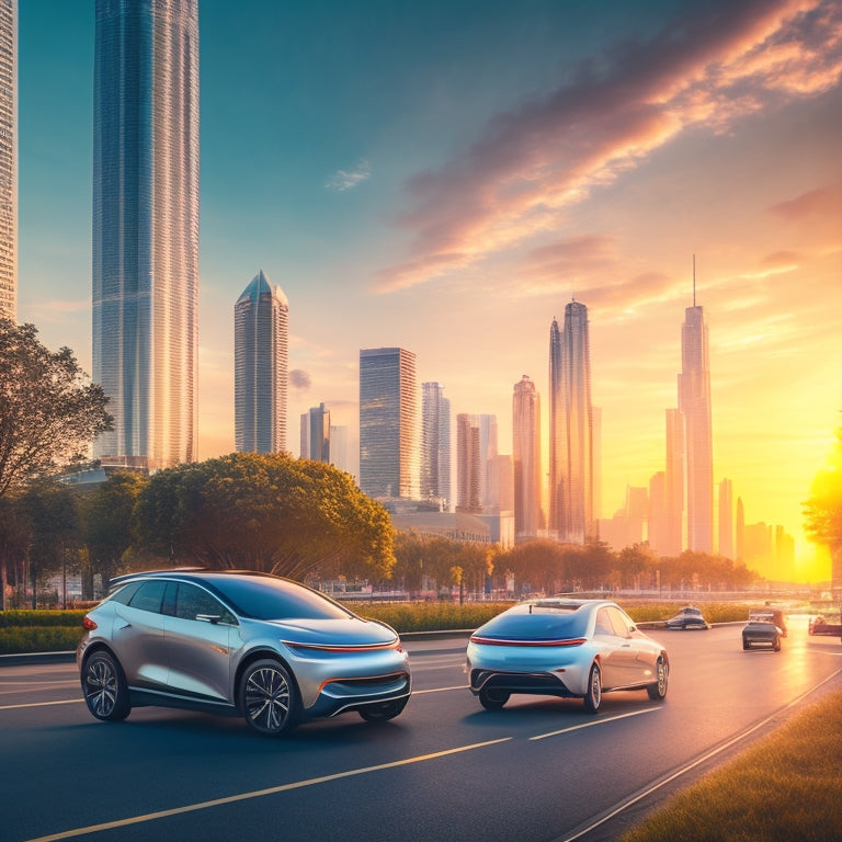 A futuristic cityscape at sunset with sleek, silver electric cars zooming past a charging station, surrounded by greenery and a blurred background of skyscrapers.