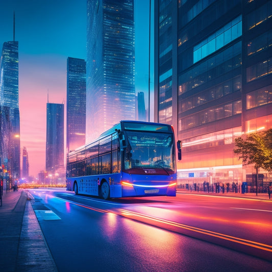 A futuristic cityscape at dusk with sleek, electric buses and trucks zooming by, their LED lights glowing, amidst a backdrop of towering skyscrapers and a vibrant, neon-lit highway.