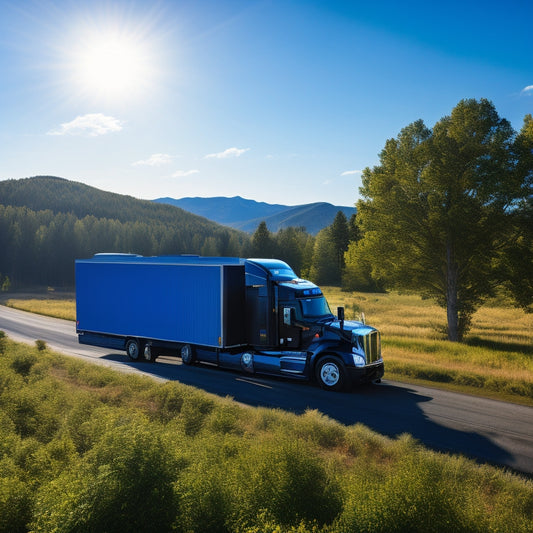 A serene, sun-drenched landscape with a parked semi-truck featuring a sleek, black solar panel array mounted on its trailer, surrounded by lush greenery and a bright blue sky.