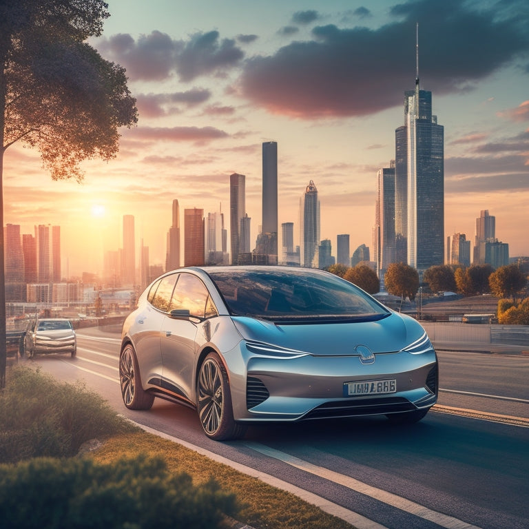 An illustration depicting a sleek, silver electric vehicle parked in front of a modern, urban cityscape at sunset, with charging cables and greenery surrounding it, conveying a sense of innovation and eco-friendliness.