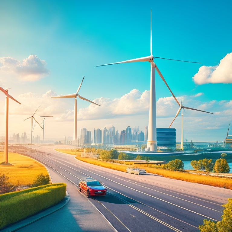 An illustration featuring a futuristic cityscape with sleek, electric vehicles of varying shapes and sizes zipping by, amidst a backdrop of greenery, wind turbines, and a bright blue sky.