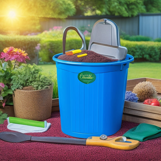 A colorful illustration featuring a compost bin surrounded by essential items: a pitchfork, gloves, thermometer, moisture meter, and a "Certified Home Composter" badge, set against a lush green garden backdrop.