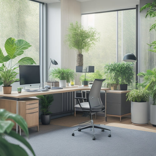 A modern office with scattered workstations, a few plants, and a compact air purifier on a desk, surrounded by subtle greenery and soft, natural light, conveying a sense of clean air and productivity.