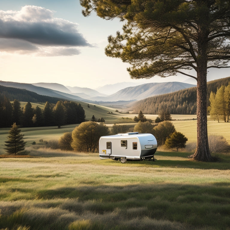 A serene landscape with a sleek RV parked in a sunny meadow, solar panels mounted on the roof, generating electricity, with a subtle background of rolling hills and a few trees.