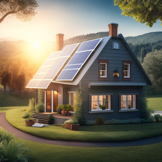 An illustration depicting a home with solar panels on the roof, surrounded by greenery, with a subtle cityscape in the background, featuring a large, glowing lightbulb above the house, connected to a small piggy bank.