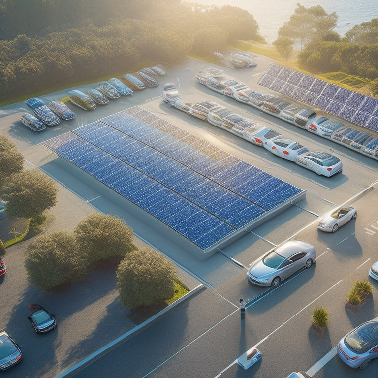 An aerial illustration of a sprawling electric vehicle charging station, with rows of sleek, silver cars plugged into charging points, surrounded by a sea of gleaming solar panels.