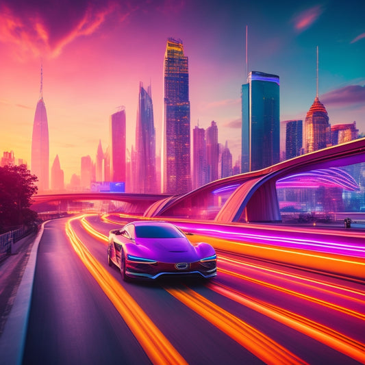 A futuristic cityscape with sleek, aerodynamic electric vehicles zooming past a blurred background of neon-lit skyscrapers, with winding roads and elevated highways, amidst a vibrant, sunset-inspired color palette.