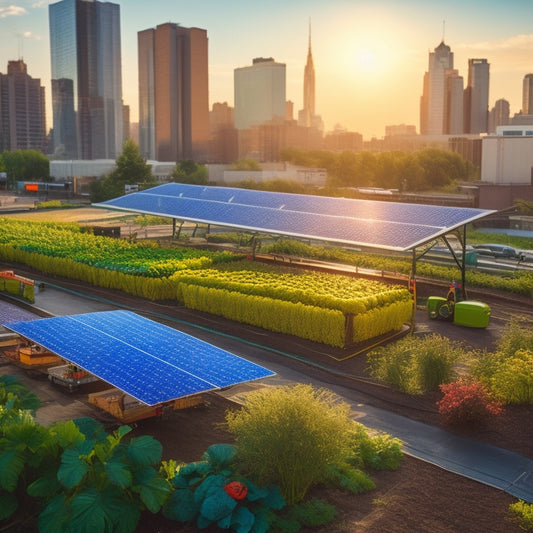 A vibrant urban farm scene with a diverse array of lush green crops, featuring a solar-powered irrigation system, a rechargeable pruning tool, and a portable solar panel charging station amidst a bustling cityscape.