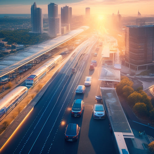 A futuristic, aerial view of a bustling transportation hub with sleek, electric vehicles and buses emitting bright, glowing trails, set against a backdrop of a sunny, smog-free cityscape.