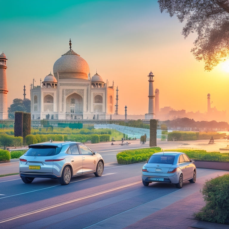 A futuristic Indian cityscape at sunset with sleek, electric vehicles of various models and colors zipping by, amidst greenery and modern architecture, with the Taj Mahal visible in the distant background.