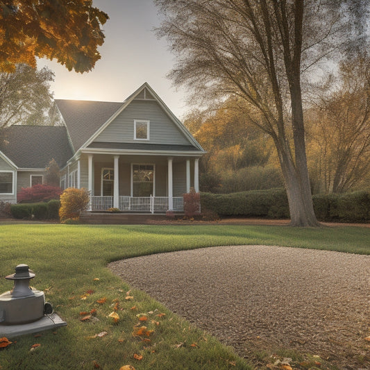A serene suburban yard with a tidy lawn, vibrant greenery, and a few fallen leaves, featuring a quiet clean leaf blower in the foreground, with a subtle smoke trail and a few leaves swirling around it.