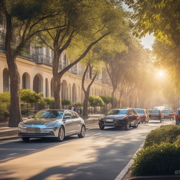 A sunny day in Alexandria with a fleet of sleek, electric vehicles parked along a tree-lined street, surrounded by cyclists and pedestrians enjoying the eco-friendly atmosphere.