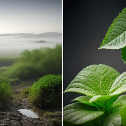 A split-screen image featuring a lush, vibrant green plant on the left, surrounded by misty fog and water droplets, contrasted with a dry, cracked earth landscape on the right, with a faint outline of a dehumidifier in the background.