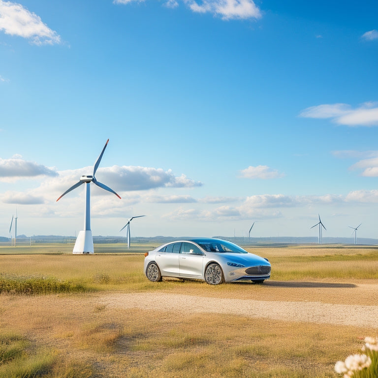 A serene landscape with a sleek, silver Ford electric vehicle parked in front of a wind farm, surrounded by lush greenery and a bright blue sky with a few white, puffy clouds.