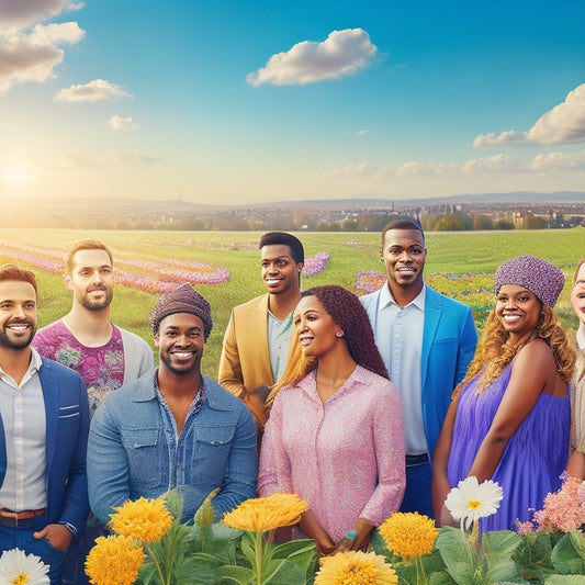 An illustration of a diverse group of people standing together, surrounded by solar panels and blooming flowers, with a bright blue sky and a subtle cityscape in the background.