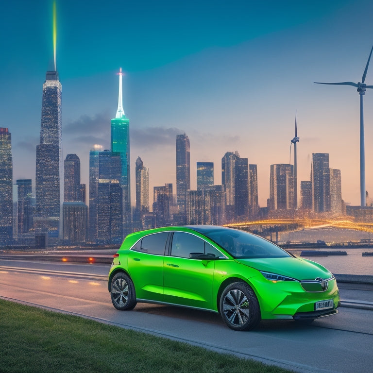 An illustration of a bright green electric vehicle parked in front of a city skyline with sleek, modern skyscrapers and wind turbines in the background, surrounded by sparks and lightbulbs.