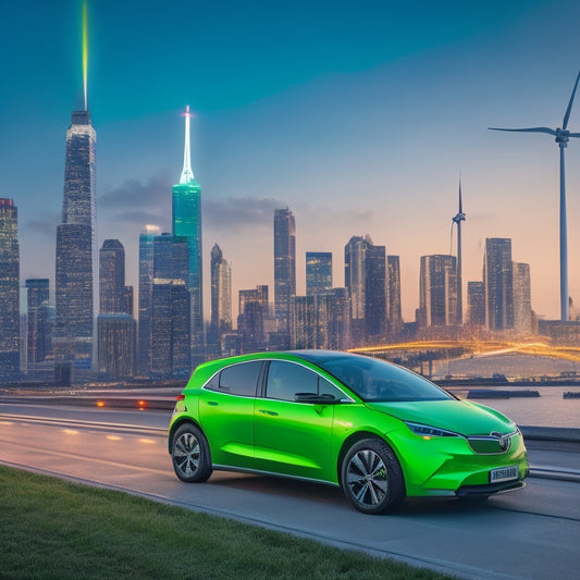 An illustration of a bright green electric vehicle parked in front of a city skyline with sleek, modern skyscrapers and wind turbines in the background, surrounded by sparks and lightbulbs.