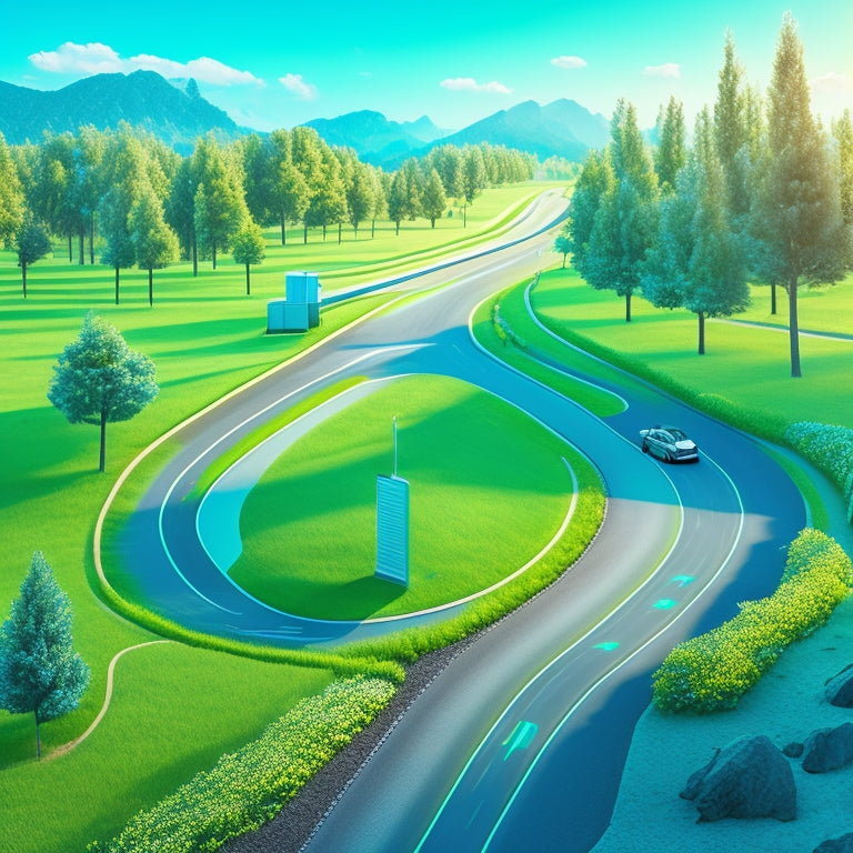 A stylized illustration of a winding road leading to a bright horizon, flanked by electric vehicle charging stations and lush greenery, with a subtle gradient of blue and green hues.