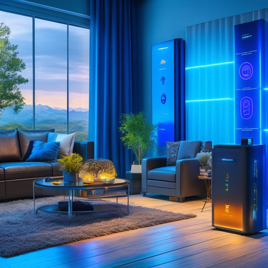 A futuristic home battery storage system with glowing blue LED lights, surrounded by safety certifications (e.g. UL, CE) and warning symbols (e.g. lightning bolt, exclamation mark), amidst a clean, modern living room backdrop.