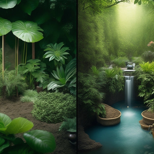 A split-screen illustration: on one side, a well-maintained greywater system with clean pipes, lush greenery, and a functioning irrigation system; on the other, a clogged and dirty system with tangled pipes and wilting plants.