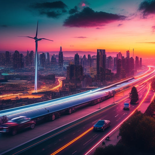A futuristic cityscape at dusk, with sleek, aerodynamic electric vehicles zooming past a bustling metropolitan skyline, amidst a backdrop of neon lights and wind turbines generating clean energy.