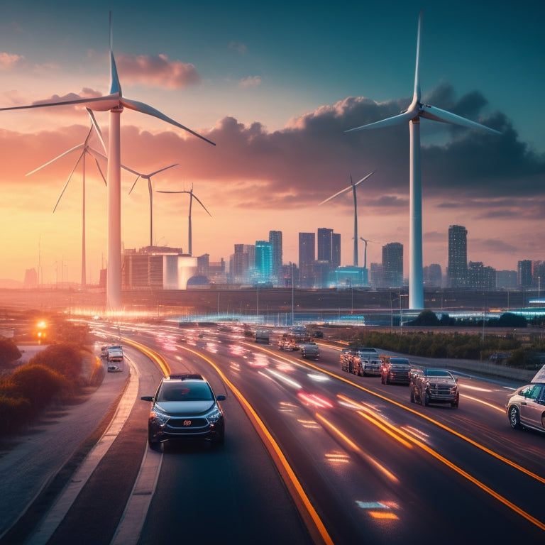 A futuristic cityscape at dusk with sleek, glowing electric vehicles zooming past a bustling auto factory, surrounded by towering wind turbines and a bright, stylized grid of electric circuits.