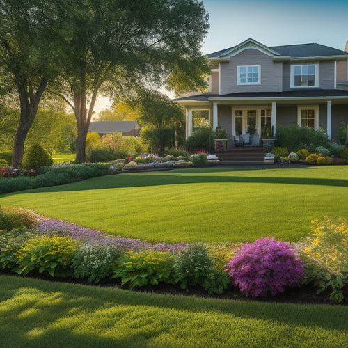 A serene, sun-drenched suburban lawn with lush, green grass, surrounded by vibrant flowers and shrubs, featuring a sleek, modern smart irrigation controller and a few strategically placed moisture sensors.