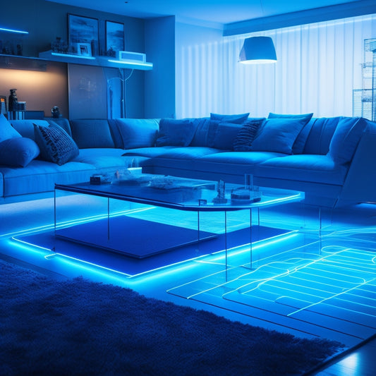 A futuristic living room with a sleek, minimalist power strip on a modern coffee table, surrounded by devices and gadgets, with glowing blue lines and circuits visible underneath its transparent surface.