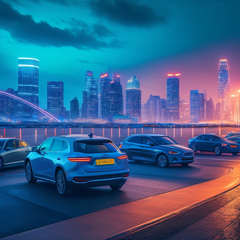 A futuristic cityscape at dusk, with sleek, glowing charging stations and hybrid vehicles in motion, surrounded by neon lights and blurred city traffic, set against a dark blue, starry night sky.