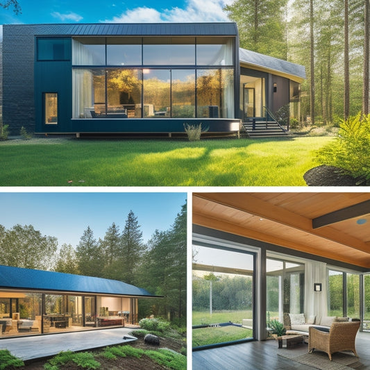 A serene, modern solar-powered home with large windows, surrounded by lush greenery, featuring various insulation materials: fiberglass batts, spray foam, and radiant barrier, in a split-screen comparison.