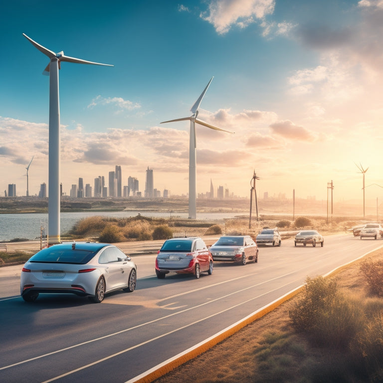 A futuristic cityscape with sleek, electric vehicles zipping by, amidst a backdrop of charging stations, solar panels, and wind turbines, illuminated by a bright, sunny sky with fluffy white clouds.