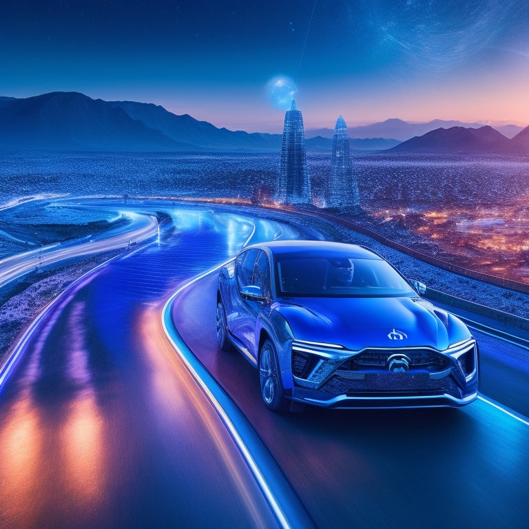 A stylized globe with glowing blue electric circuits and roads converging, surrounded by Nio Inc.'s signature blue color, with sleek, futuristic cars speeding across continents, symbolizing global expansion.