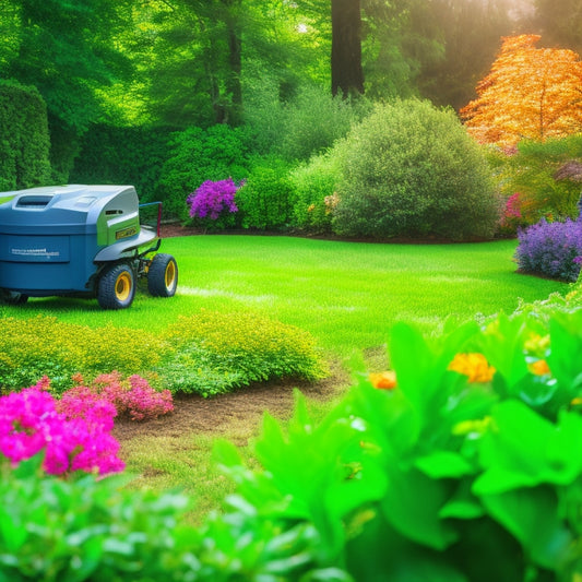 An illustration of a lush green lawn with a faint mulched layer, surrounded by vibrant flowers and trees, featuring an electric mulching mower in the foreground, with a faint compost bin in the background.