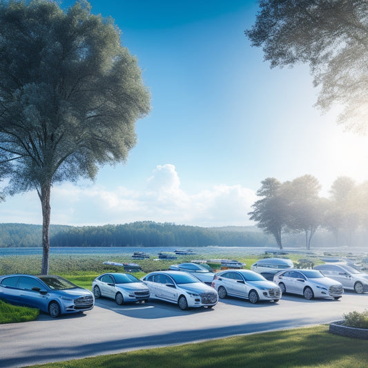 A serene landscape with a fleet of electric vehicles parked in a row, each with a solar panel canopy above, under a bright blue sky with fluffy white clouds, surrounded by lush greenery.