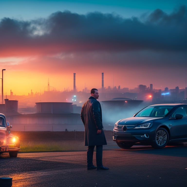 A disillusioned EV owner stands in front of a cityscape at dusk, surrounded by broken promises and crumpled up papers with electric car logos, amidst a backdrop of factories and smokestacks.