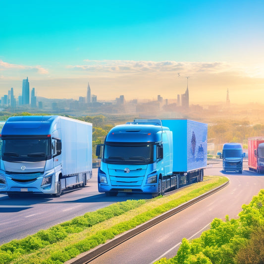 A futuristic illustration of a bustling cityscape with sleek, electric semi-trucks and vans dominating the roads, surrounded by charging infrastructure and greenery, under a bright blue sky.