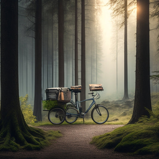 A serene, misty forest background with a sleek, silver, eco-friendly vehicle parked in the center, adorned with accessories like a roof-mounted solar panel, a bike rack, and a trunk organizer made from recycled materials.